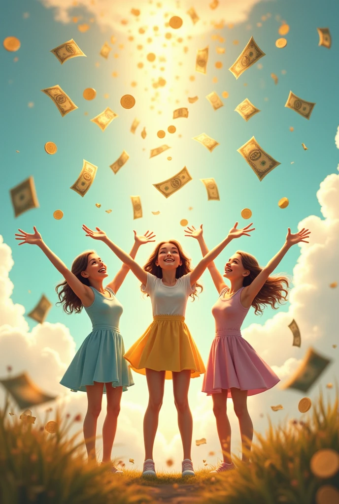 Three beautiful girls smile happily, look up, spread their arms, and wait to receive money, which is falling from the sky in large amounts.