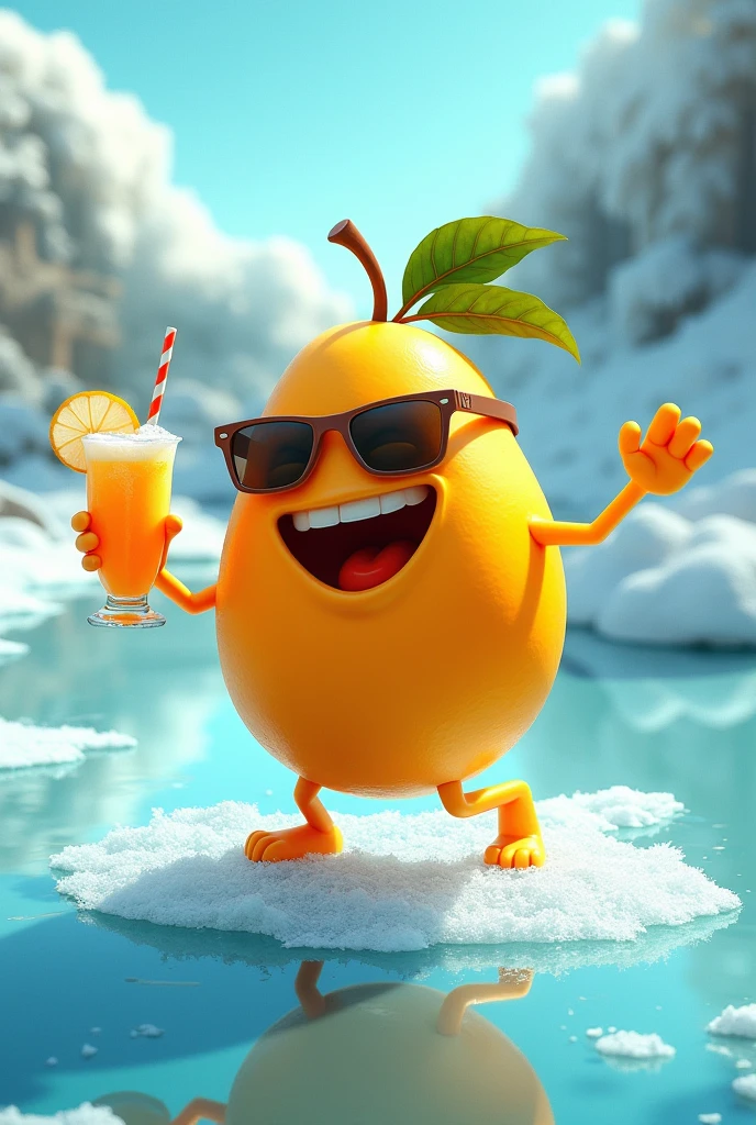 Create a Mango character with sunglasses, dancing on frozen ice, holding mango drink, happy and smile, top angle, cool pose