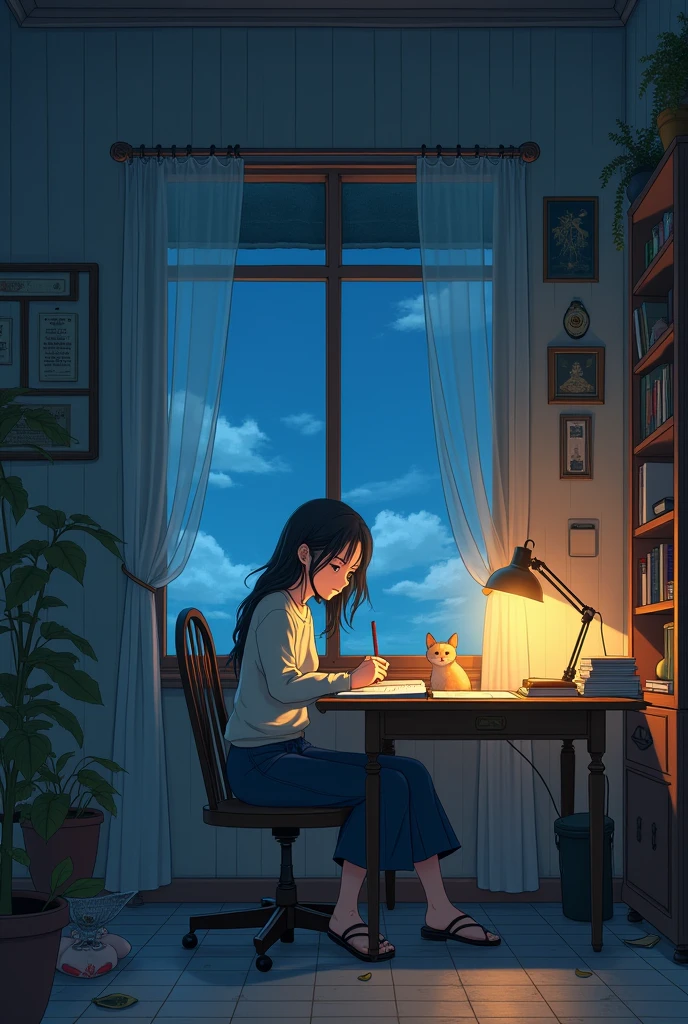 anime character sitting in front of a study desk with her cat in wide room comfortable inside the room . dark, a lofi art style . kjapanese animation style, 16:4 picture, official art, art work in style of guweiz,