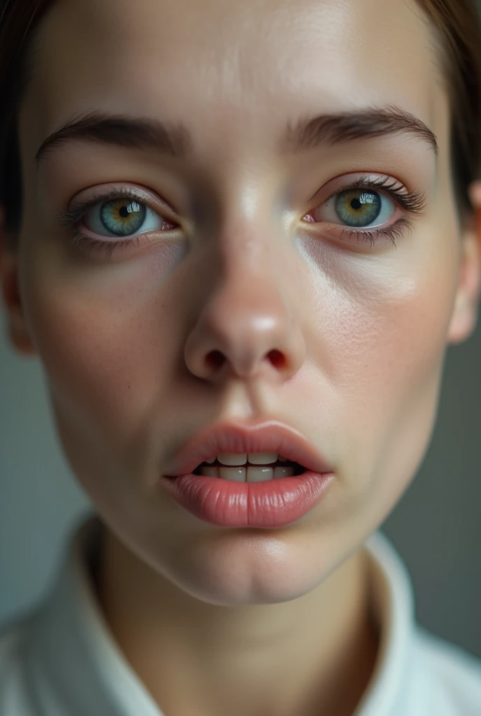 Create a image of a woman face with on missing teeth in front row, with sad face, I will use this image to create dental poster so give out out of face only.