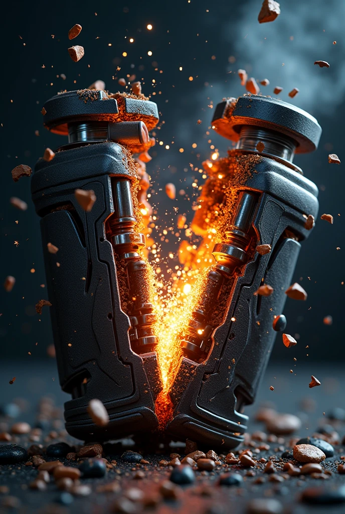 A detailed close-up of a vape device being split in half. The device is cracking right down the middle, with sharp edges and internal components exposed. Pieces of the outer shell are flying off, and small fragments of metal and plastic are scattering in the air. A bright burst of sparks illuminates the scene, highlighting the force of the split. The background is dark, making the cracked vape and its broken pieces stand out with intense clarity, while faint wisps of vapor escape from the fractured device