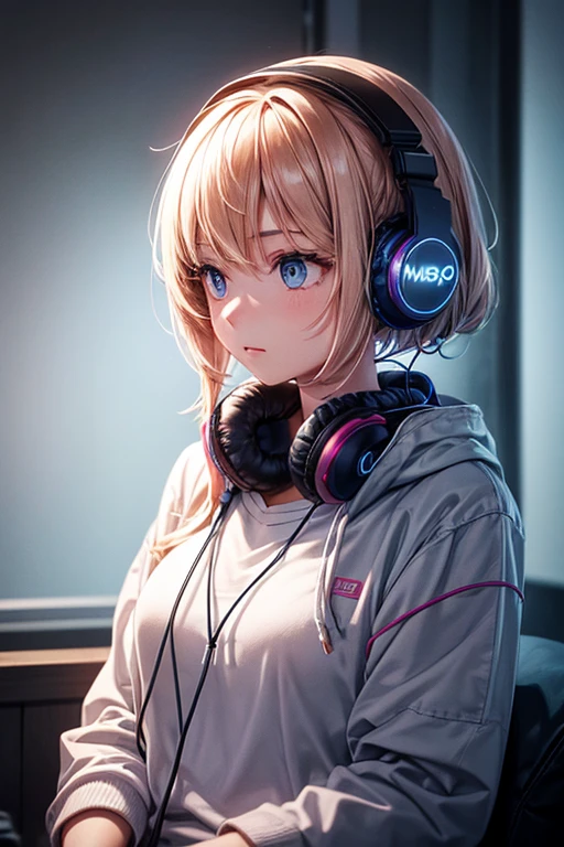 A girl wearing headphones is listening to music in a dark room