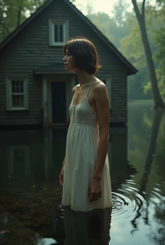 Best quality, masterpiece, ultra high res, (photorealistic:1.5), full body shot from a danish young pretty a woman wearing sundress in an old house submerged in water in the middle of the forest, dark forest atmosphere, nature, dynamic deep shadow, low key, sunlight exposure on the face, candid pose, short hair, (masterpiece:1.2), textured skin, motion blur effect, best quality, 8k, dark moody, realism, zenit analog camera shot, aesthetic art photorealistic, trending photo shot in 2024