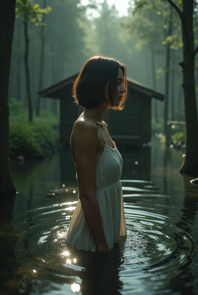Best quality, masterpiece, ultra high res, (photorealistic:1.5), full body shot from a danish young pretty a woman wearing sundress in an old house submerged in water in the middle of the forest, dark forest atmosphere, nature, dynamic deep shadow, low key, sunlight exposure on the face, candid pose, short hair, (masterpiece:1.2), textured skin, motion blur effect, best quality, 8k, dark moody, realism, zenit analog camera shot, aesthetic art photorealistic, trending photo shot in 2024