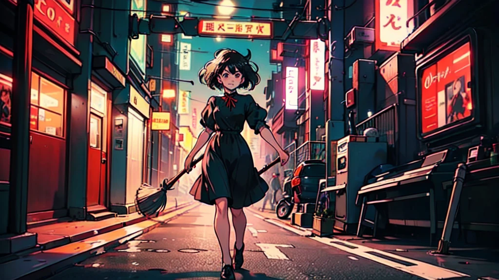 Kiki the Witch's Delivery Service、Red ribbon on the head、Dress is a black one-piece、Holding a broom。Standing in the neon-lit city at night。Next to me is a black cat。A street with depth。