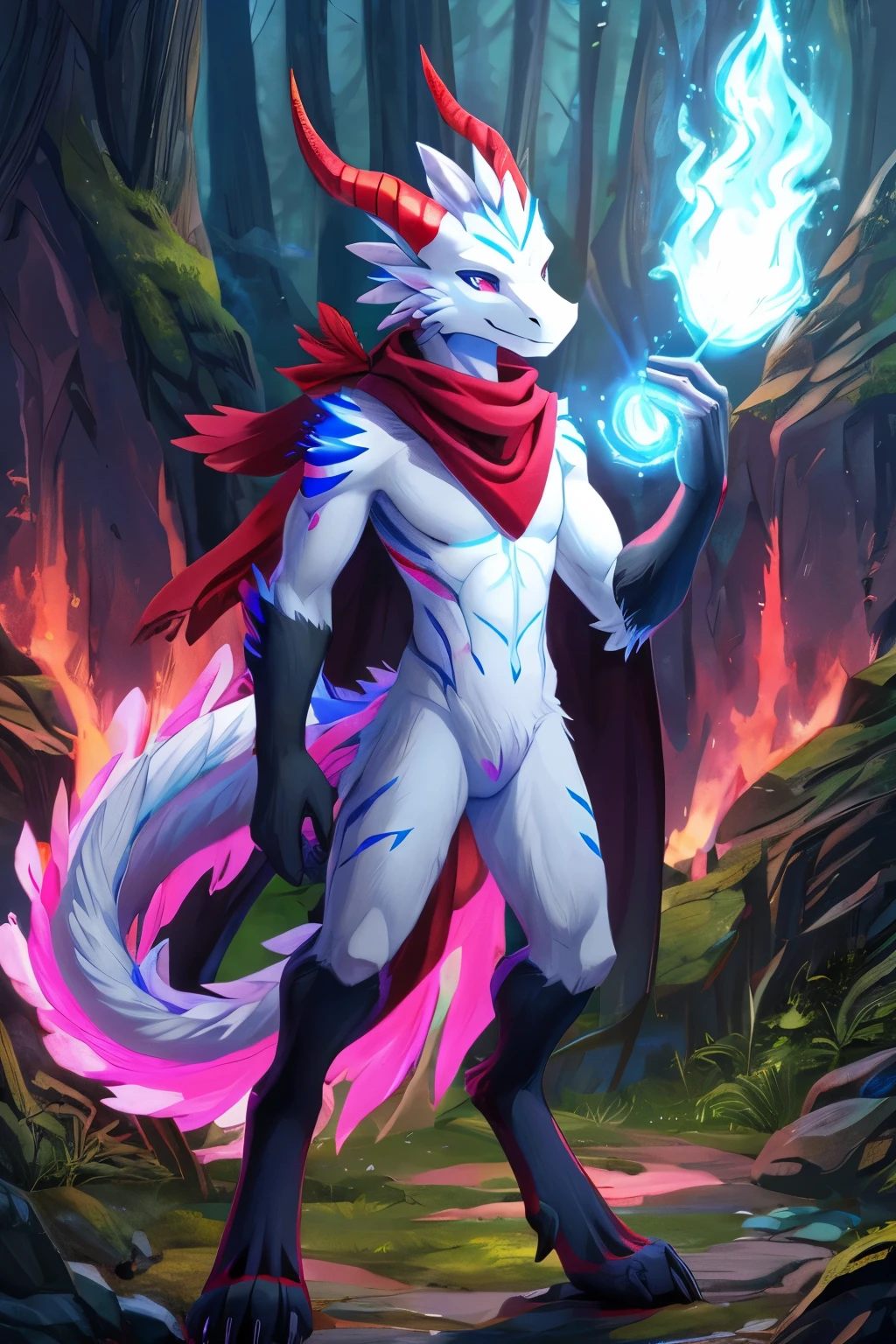 (anime), (front facing), (looking at the camera), slim furry white fire dragon using blue magic, blue secondary color, (red, black, magenta and blue undertones), spikes, very long muzzle, neck and tail fur, digitigrade, creative horns, feathers, gradients, (wearing only a scarf), body markings nature background, full body