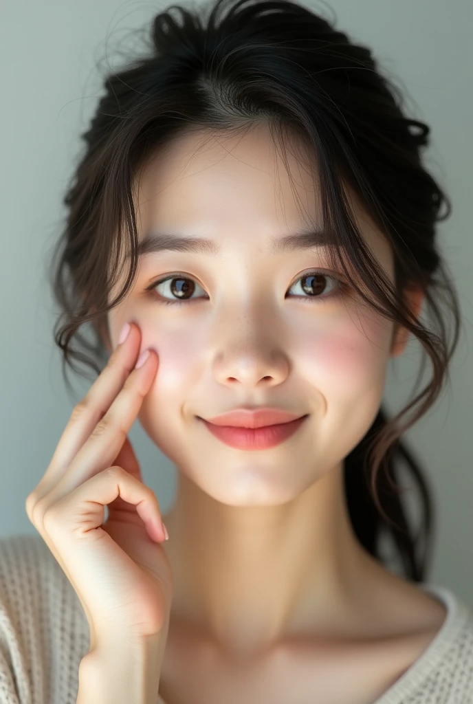naked realistic Asian girl selfie poking her left cheek