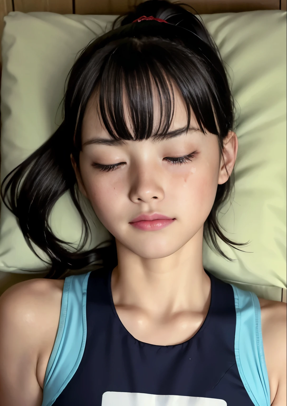 (Highest quality, masterpiece), (Beautiful Japanese Girl), (freckles:0.6), ponytail,  Track and field athlete,Grimacing、((Frowning、Crying face))、Sweaty、close your eyes tight、Blink、((close your eyes、Are sleeping)),