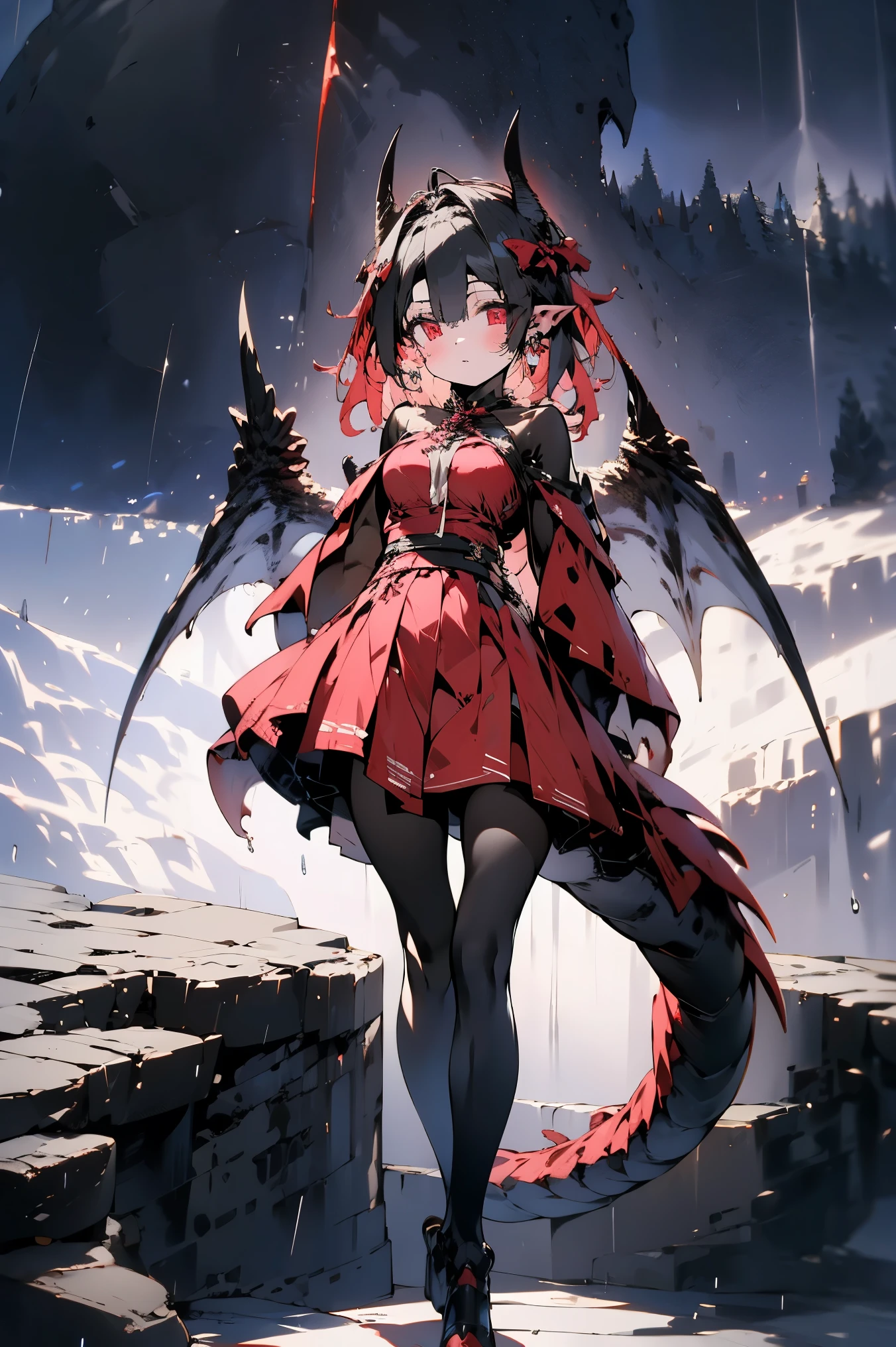 yuuki konno, uhd, 4k, textured skin, High details, detailed face, masterpiece, best quality, (Amazingly absurd:1.2), (masterpiece:1.2), 1 girl, dragon ear, dragon wings, dragon tail, Long dress, standing, dynamische pose:1.5, half-closed eyes, glowing red eyes, very long black hair, shiny hair , fullbody, two colored hair, hair ribbon, black knee socks, Kawaiitech, soft colours, Kawaii, Beautiful colors, (Rain:1.5), (Night:2), (landscape:2)