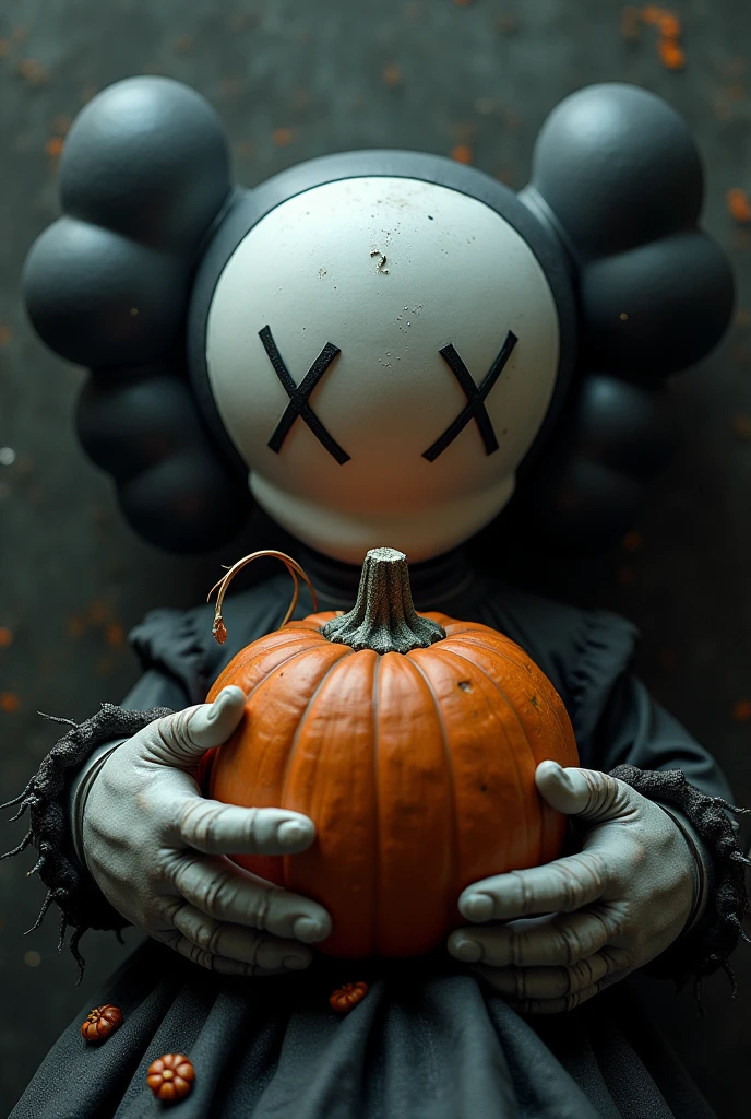Create a very hyper realistic Halloween character and kaws hold the pumpkin and wear Halloween horror dress but change the pose from previous and kaws in sleep pose