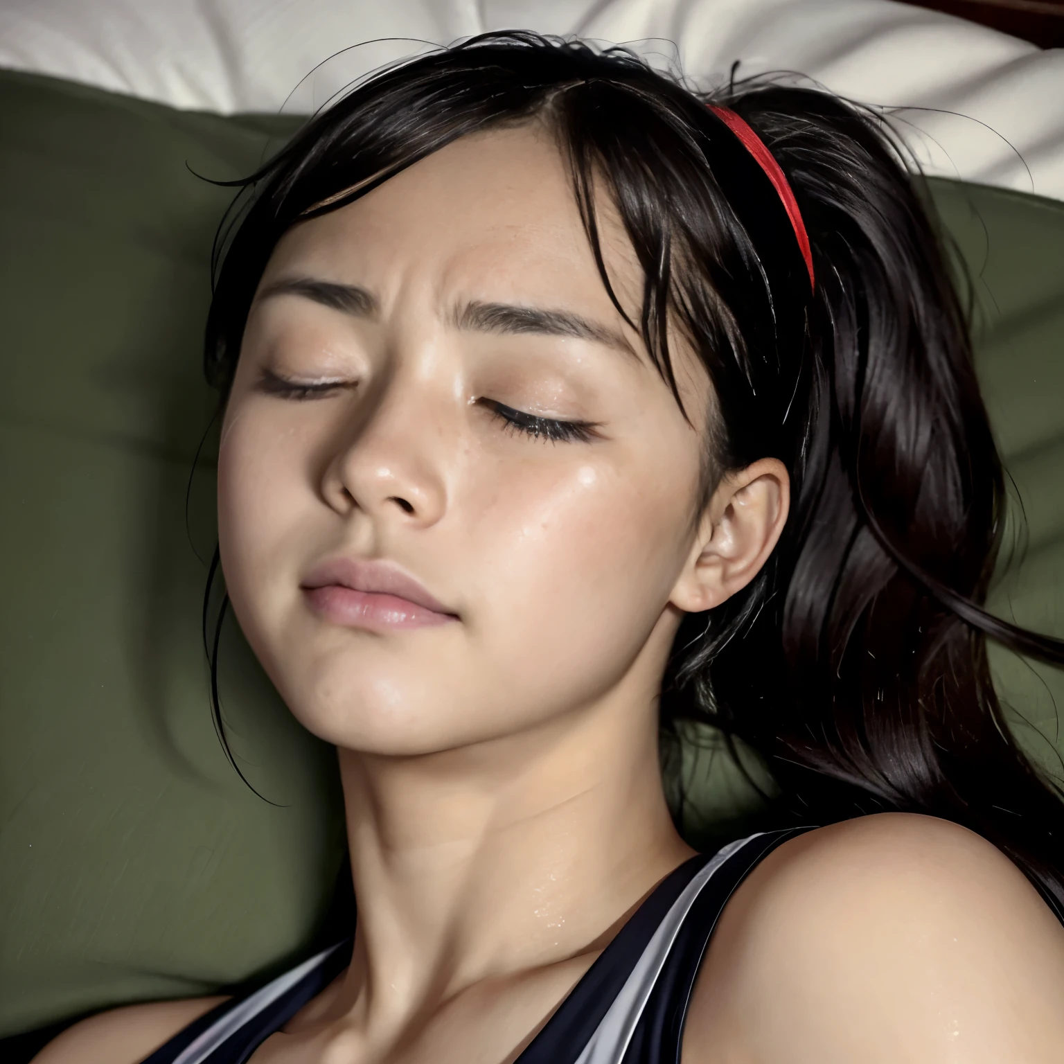 (Highest quality, masterpiece), (Beautiful Japanese Girl), (freckles:0.6), ponytail, Track and field athlete,Grimacing、((Frowning、Crying face))、Sweaty、close your eyes tight、Blink、((close your eyes、Are sleeping))、((Blink、close your eyes))、