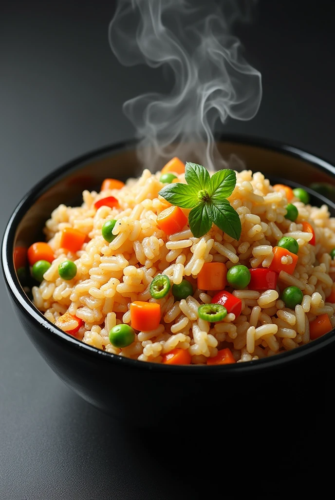 Fried rice in a black bowl with mixed veggies
Full picture from top view