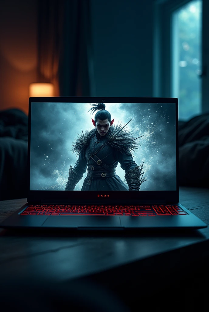 a Gaming laptop with Black myth Wukong in a screen in a dark room