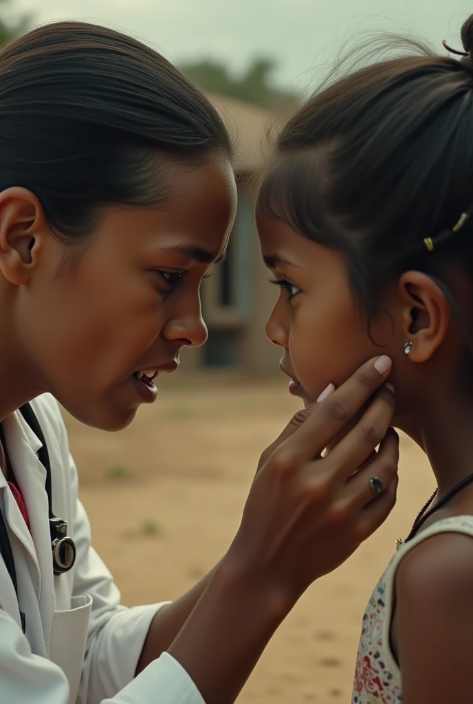 Create a YouTube thumbnail with dimensions 1280 x 720 pixels. The scene is set in a rural, impoverished environment with a background of dusty, earthy terrain, suggestive of a field or a simple medical setup in a South American or Indian context. The background should be slightly blurred to emphasize the main subjects.
Main Elements:
Young Girl: A close-up of a young girl's face, showing her ear where several large ants are visible. The girl should look uncomfortable or surprised.ñ, sacred, crying Ensure her skin tone and features reflect South American or Indian heritage.
Medical Professional: Depict a doctor or medical worker, also reflecting South American or Indian heritage, with an exaggerated expression of shock or concern worry and scared . The doctor is leaning towards the girl's ear, inspecting it carefully. The doctor should be dressed in simple, practical medical attire, suitable for a rural setting (e.g., a white coat or traditional attire).
Setting Details: The background should have elements that suggest a simple, makeshift medical environment in a rural area—dusty ground, perhaps a basic medical setup like a small table with medical tools, or a rudimentary clinic setting. The environment should look impoverished but not overly dramatic, to keep the focus on the main subjects.