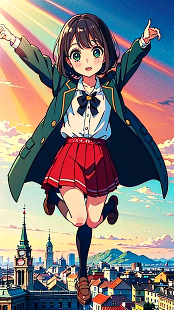 ((high quality)), ((masterpiece)), 8k, 10 year-old girl, light rays, extremely detailed, 8k wallpaper, ((full body)), jumping, cute clothes, (background european city), kawaii, cute girl, brown hair, chanel short hair, green eyes, tiny girl, children, kid