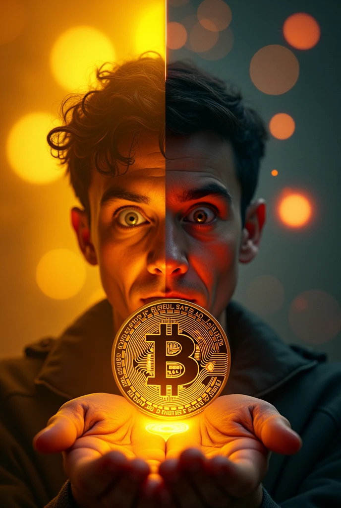Create a dynamic, eye-catching thumbnail that shows a person holding a shiny gold coin (symbolizing Bitcoin) with a background divided between dark tones (representing uncertainty) and bright lights (representing hope and growth). The highlighted text should say: 'Bitcoin: The Path to Growth?&#39; with a facial expression of surprise and excitement. Use vibrant colors like yellow and red to capture attention., and highlight the Bitcoin symbol clearly and centrally. The person&#39;s expression should convey urgency and curiosity."