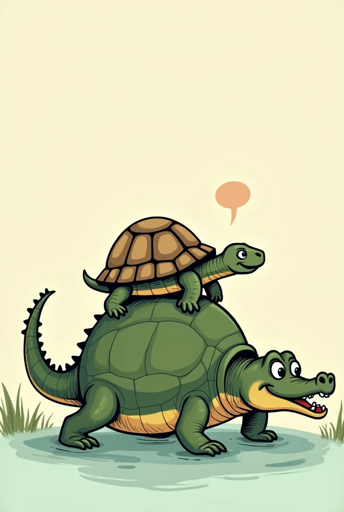The tortoise sits on the back of the big crocodile and speaks in 2d cartoon 