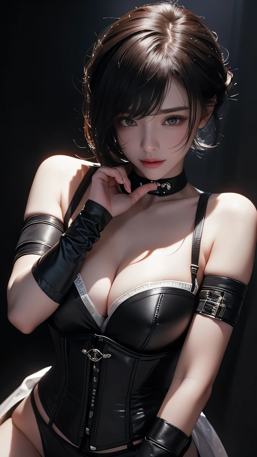 masterpiece, Highest quality, Very detailed, To the camera, 複雑に詳細なVery detailedな, Realistic, Sharp features, Very detailed, Sharp focus, Perfect Face, Perfect Face, Perfect symmetry and perfect eyes, Perfect Plump Lips, Flexible female form, Cinematic, Film Light, Very detailedな, hyper Realistic, masterpiece, Atmospheric, High resolution, Vibrant, Dynamic Studio Lighting, ((Dark Background)), The facial expression when feeling happy, handcuffs, BDSM, slave, Rubber, Red Corset, (赤いfirst round), ((Highest quality, 8k, masterpiece: 1.3)), Sharp focus: 1.2, Beautiful woman with perfect figure: 1.4, Slim Abs: 1.2, Wet body: 1.5, Very detailedな顔と肌の質感, Detailed eyes, double eyelid, Very short hair,((Sm嬢)),((m嬢)),handcuffs,first round,Red and black outfit