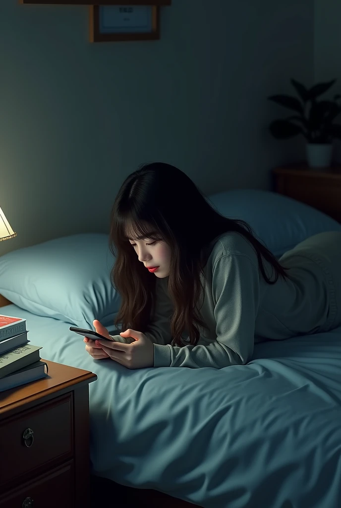 (photorealism:1.2), top view and side view normal room with dim light, woman laying on bed on her stomach using smartphone, hair slightly covering her face, some books beside her, relaxed pose