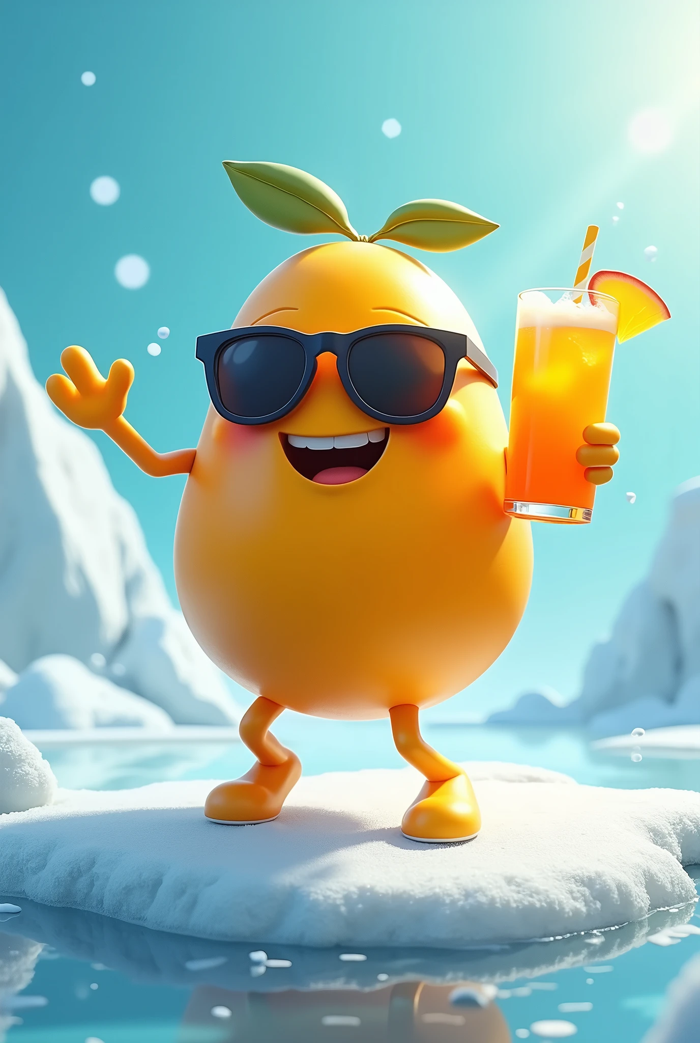 Create a Mango character with sunglasses, dancing on frozen ice, holding mango drink, happy and smile, top angle, cool pose