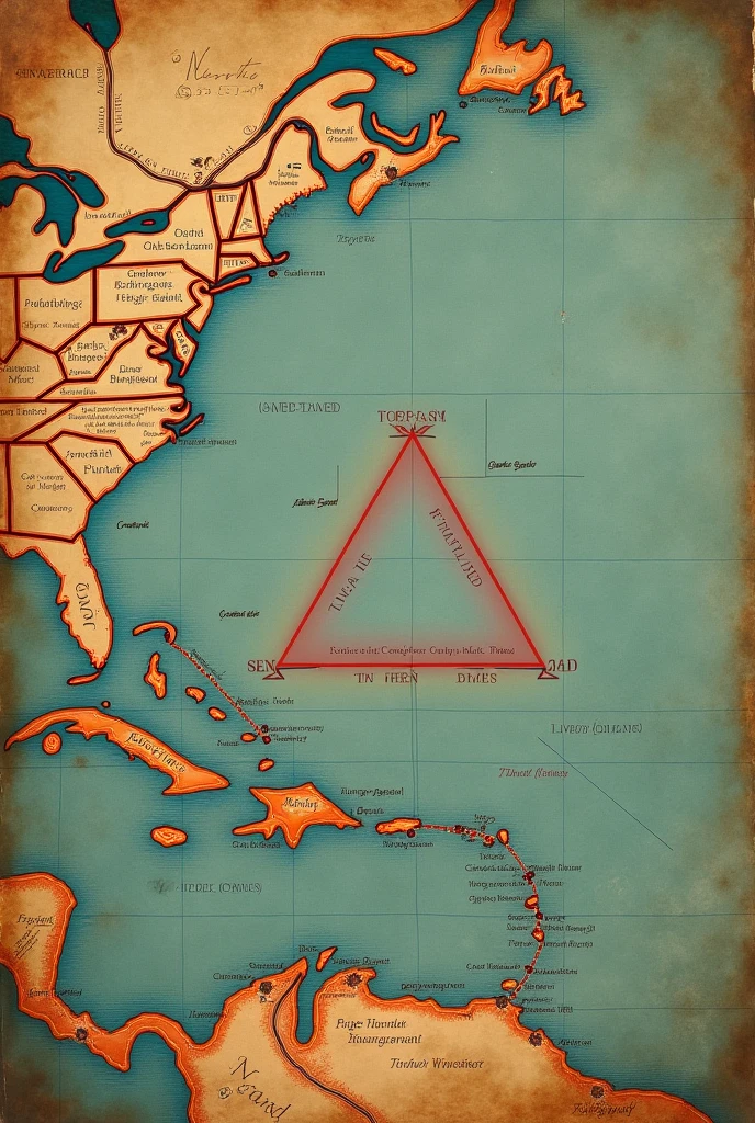 A vintage map of the Bermuda Triangle, with marked routes and notes scribbled on the side. The map should look old and slightly worn, with the triangle area highlighted in red."
