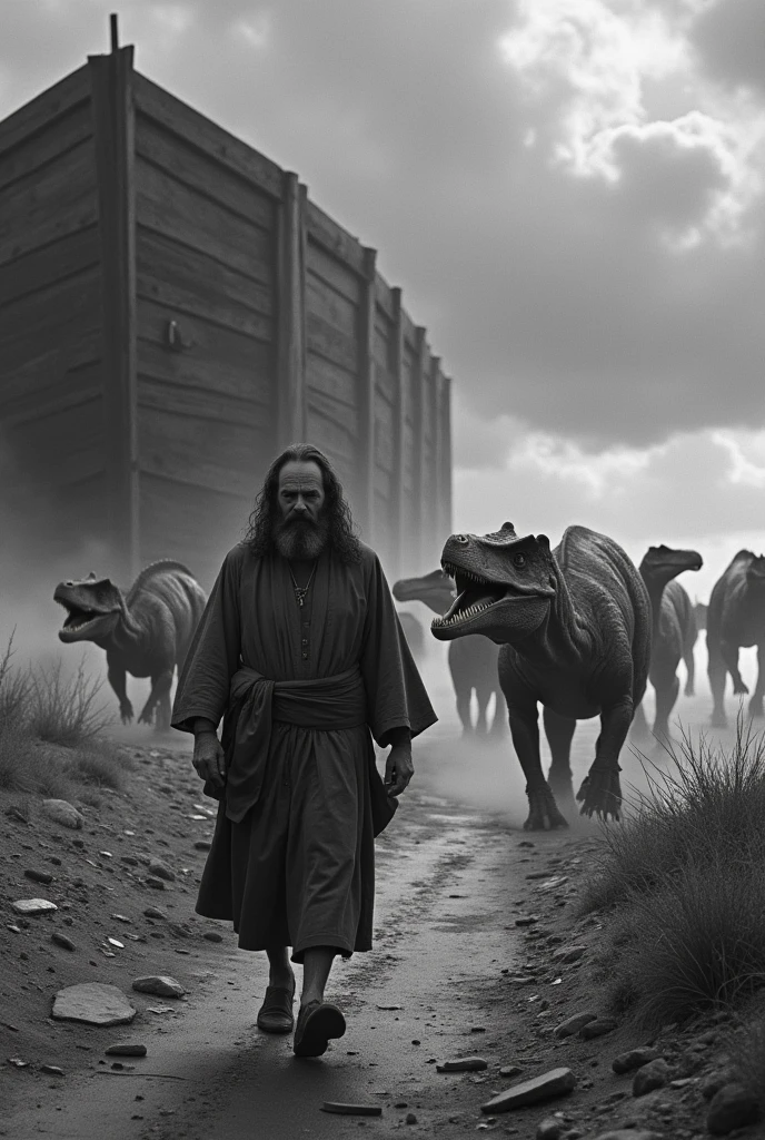 biblical noah leading dinosaurs into naohs arch black white photography WWII old photo
