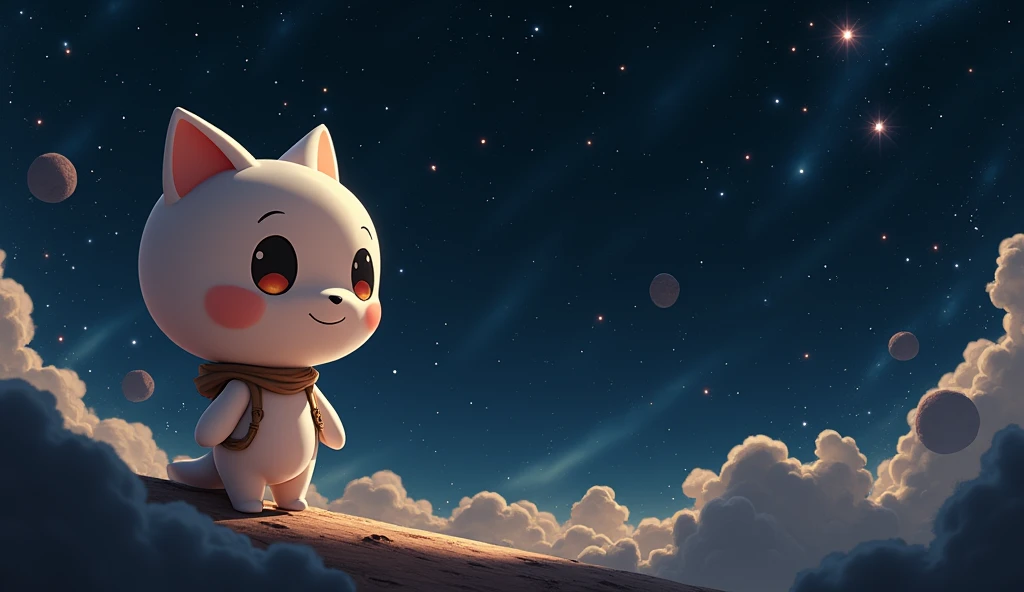 Chibi "Mii Beta" on space, In the style of Makoto Shinkai。master piece, ultra detail, precision, ultra-realistic,
