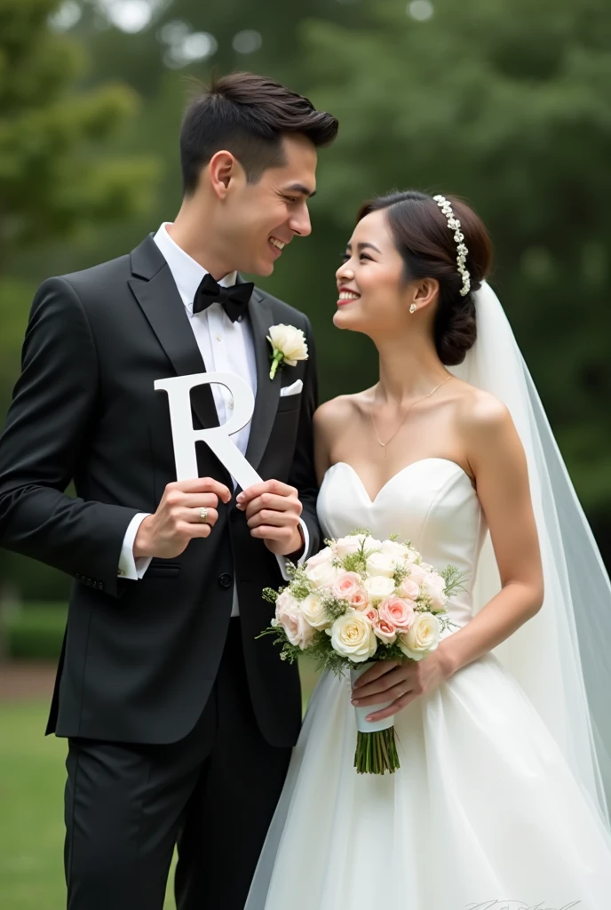 Groom holding the letter R and bride holding the letter P