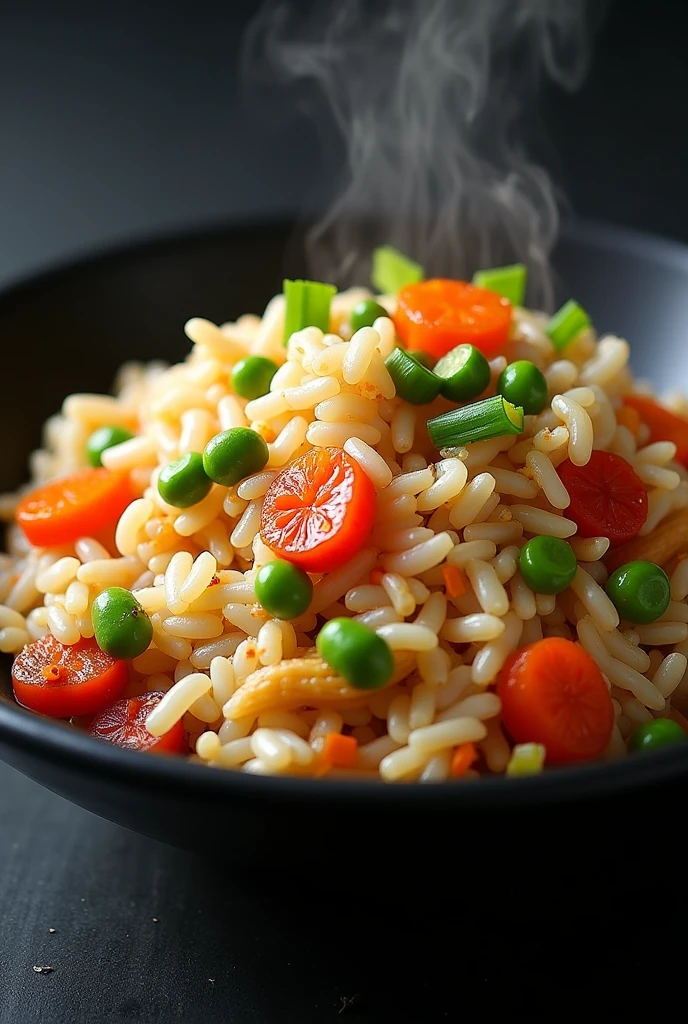 Fried rice in a black bowl with mixed veggies
Full picture from top view


