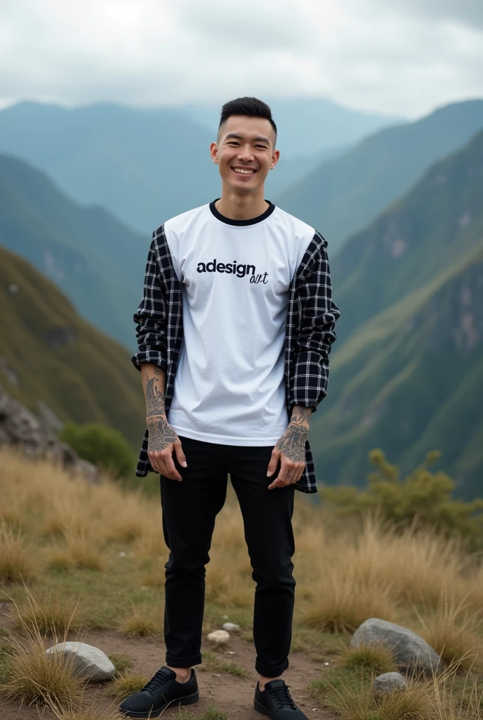 A handsome Thai man with his hands covered in intricate tattoos, rambut undercut, standing in a mountainous landscape like a wide angle camera, wearing a white t-shirt with the words "Adesign Art", black checkered long sleeve shirt, modern black pants and black shoes. with a friendly smile landscape