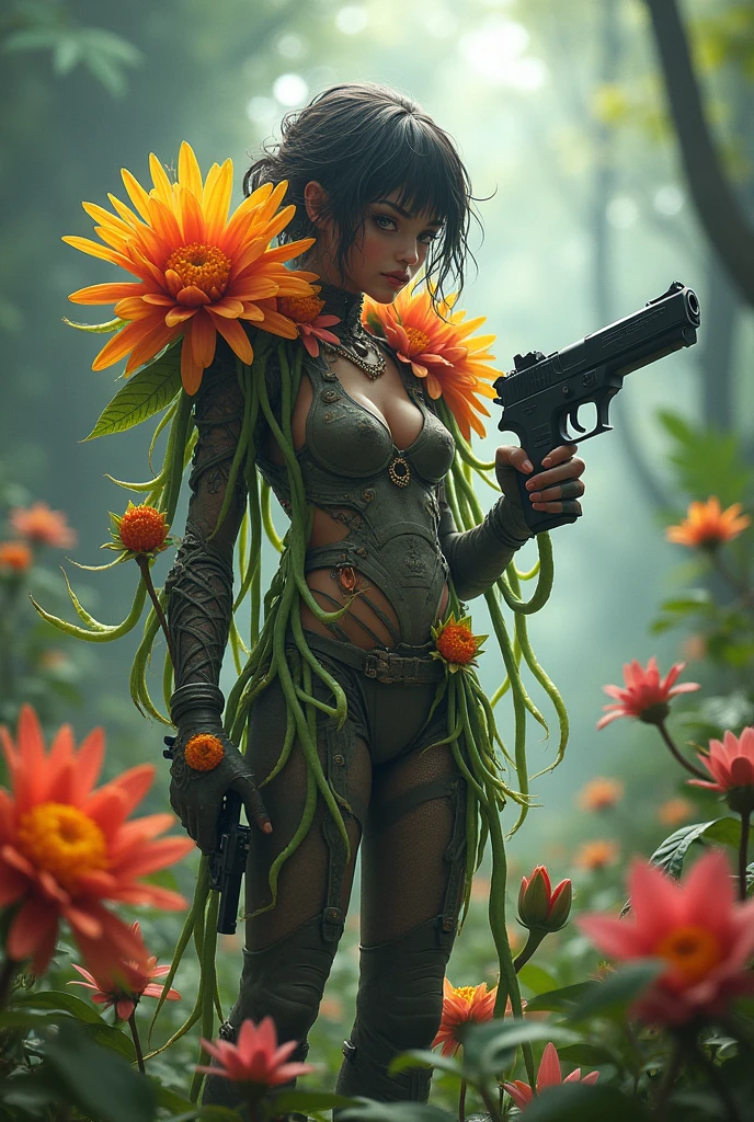 Cibrg bloom warrior Cibrg flower guardian mutant girl with flower arms with a pistol in her arm 