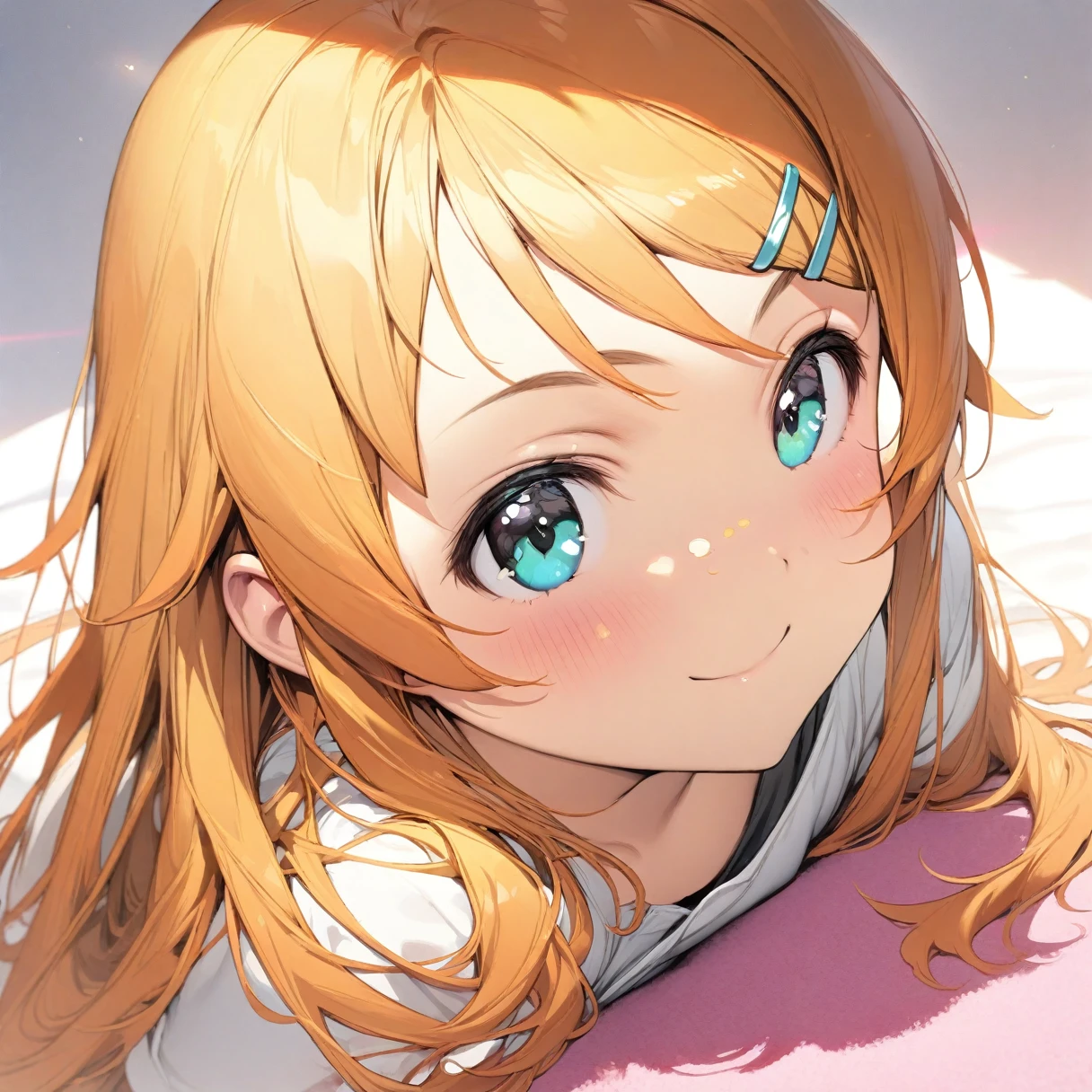 (Kirino Takasaka:1.5), 
(masterpiece), (Highest quality), High resolution, (Very detailed:1.5), (Best illustrations:1.5), (Best Shadow:1.2), (so beautiful:1.5),
(White Background), (White large room), (Pink carpet),

Focus on the eyes, (Light on face:1.6),(ambient light:1.3),
My Little Sister Can&#39;t Be This Cute, (Kirino Takasaka), 
Blonde, Yellow shiny hair, Long Hair, Hair Clip, Green Eyes, bangs, smile,