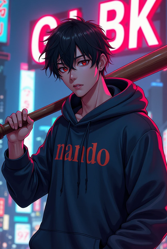 Create a character anime, {{background: large text “GLBK”, night city}},
realistic, HDR, handsome, japan style, full body, use stick baseball, age 20, hoodie HD text: “NANDO”