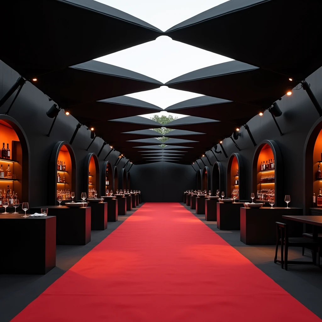 Minimal red carpet event for whisky entry with black tents on top