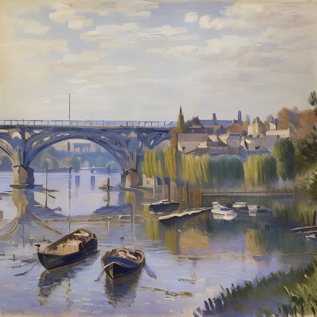 painting of a bridge over a river with boats in the water, Alfred Sisley, Gustave Loiseau, Painted by Monet, By Eugène Boudin, Claude Monet), Paul Gustav Fischer, By Robert Reed, bridge, Masterpiece of Art, By Ernest Lawson, by J. Alden Wire, Monet's paintings, Charles Monet