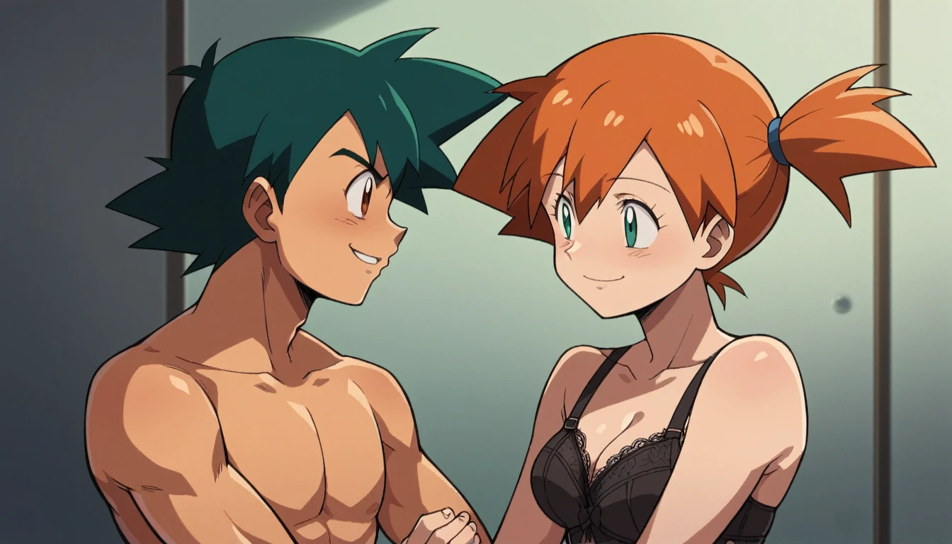 1boy, ash ketchum, black hair, brown eyes, hair between eyes, ash ketchum, shirtless, handsome boy, macho, good looking boy, in a room, 1girl, beautiful girl, misty pokemon, orange hair, shoulder-length hair, green eyes, lingerie, confident smile, deep and vibrant colors, photograph of a 1 couple, they're showing off their love and affection for each other, they're caressing, intimacy, erotic moment, pretty