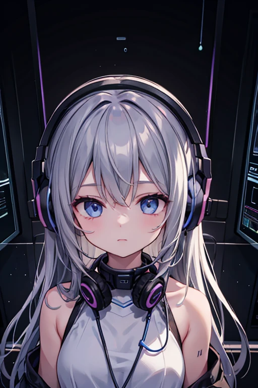 A girl wearing headphones is listening to music in a dark room
