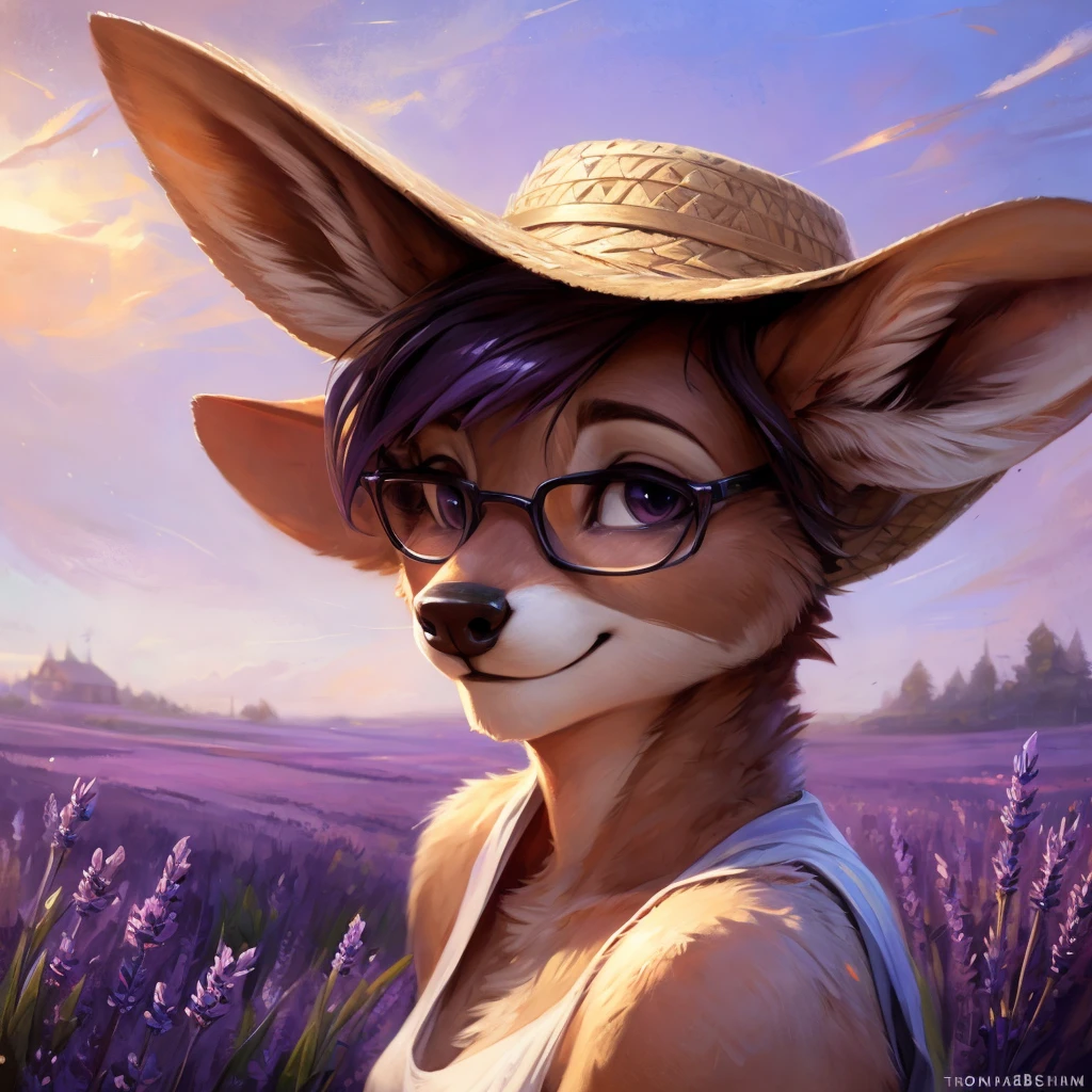 uploaded on e621, artstation, by Pixelsketcher, by Bayard Wu, by Thomas Benjamin Kennington , by Einshelm, by hioshiru and kenket, Chunie, portrait, solo anthro female deer doe, with small featureless breasts, clear dark blue, cinematic lighting, day, sunny day, lavender field, stays in a lavender field, lavender field background, mediterranean background, horizon background, shiny, shoulder long curly dark brown hair, wears big black nerd glasses, very very beautiful furry art, furry art, smiling, joyful, shiny, happy, feminine, cute face, muzzle, fluffy chest, flawless face, Fallow deer, 1girl, Sakimichan is beautiful, Masterpiece, Wavethesallow Face, shiny, Detailed image, portrait, Detailed image, portrait, full body, wears white short summer dress, wearing beige summer straw hat, shiny, realistic face, perfect anatomy, hourglass body, (furry body:1.1), anthropomorphic deer, looks at the viewer, small fluffy tail, detailed background, (cute anatomy:1.1), walks in a lavender field, a few cypress trees in the background, few lavender flowers in hair