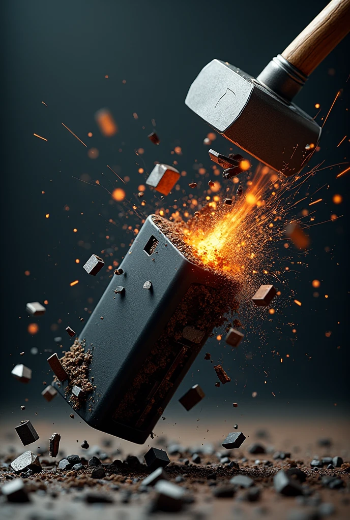 A detailed close-up of a vape device being violently smashed in mid-air. The device is splitting in half upon impact with a hammer, with jagged cracks running through its body. Pieces of metal, plastic, and internal components are scattering outward from the point of impact. A burst of sparks and light emphasizes the destructive force, while shards of the device fly off in different directions. The background is dark, making the shattered vape, flying debris, and the hammer in motion stand out vividly, with a slight trail of vapor lingering in the air
