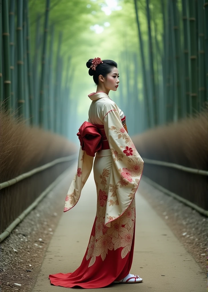 In the bamboo forest of Kyoto、A woman in a kimono standing on a dirt sidewalk、Morning mist、Beautiful makeup、Tied up hair、whole body、Kimono with intricate patterns、Shot with a medium telephoto lens、high resolution、Elegant atmosphere
