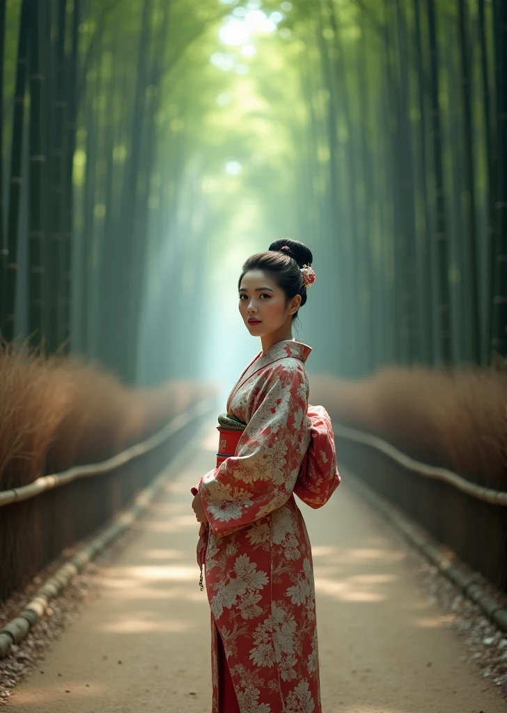 In the bamboo forest of Kyoto、A woman in a kimono standing on a dirt sidewalk、Morning mist、Beautiful makeup、Tied up hair、whole body、Kimono with intricate patterns、Shot with a medium telephoto lens、high resolution、Elegant atmosphere