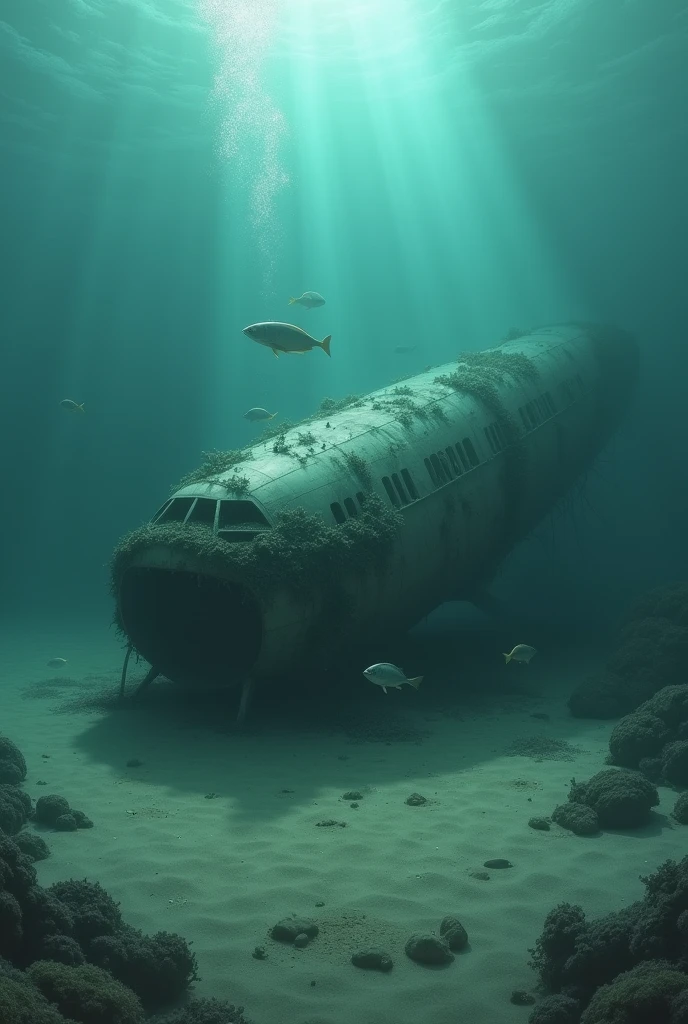 An underwater scene showing the wreckage of a plane or ship, partially buried in the sandy seabed. A few fish should swim around the wreckage, and a faint light beam from above should partially illuminate the scene."