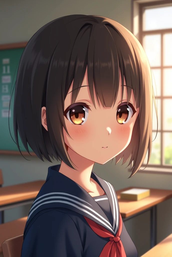Highest quality, Face Focus, Soft Light, Ultra-high resolution, (Realistic:1.4), RAW Photos, 1 Japanese girl, alone, cute, (A shy smile:0.5), (Brown eyes, Light in your eyes), Beautiful face in every detail, (Small box),(High resolution detail of human skin texture), (Short Bob Hair), break, In the classroom,Navy uniform, Best, skirt