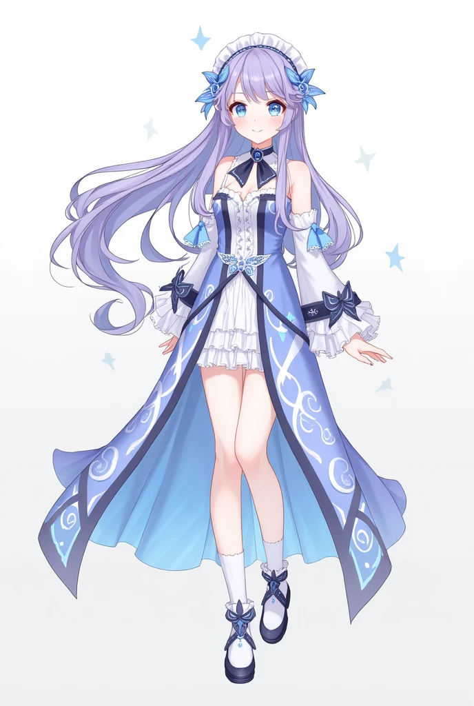 Princess clothing idea from gemshin impact of girl full body anime long hair with lavender bangs dull blue eyes blue white clothing