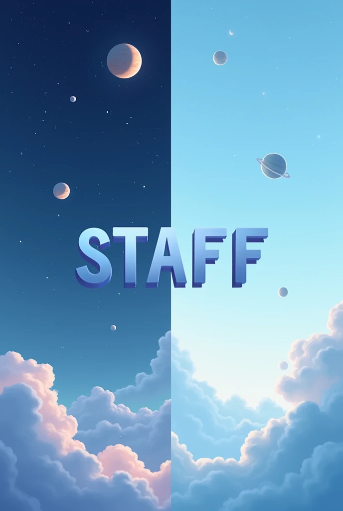 design simple avec juste écris STAFF au milieu en majuscule en bleu pastel avec d'un cotés des planetes et des étoiles et de l'autre cotés des nuages et un ciel je veux vraiment la séparation de deux monde différent