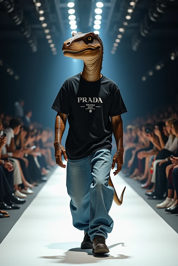 Dinosaur wearing a T-shirt and jeans set from Prada in a fashion show. Full body photo, real as in real life.
