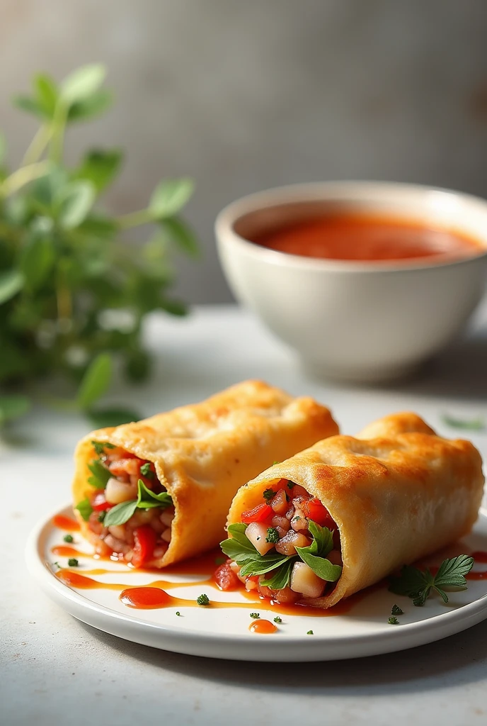 Lumpia roll with sauce plating logo drawing