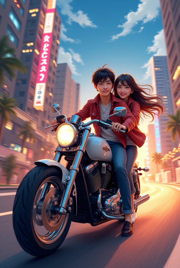 A gorgeous cute anime couples going ride in motorcycle