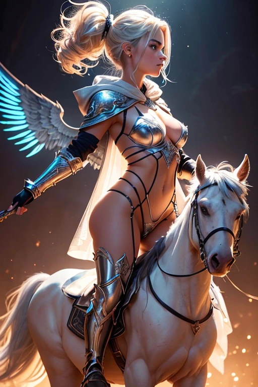 A young Valkyrie girl with Australian features, riding a full body animal, lovely charming face, having  white Sapphire skin tone pigmenting texture , ( full body perfect detailed masterpiece), ( dark skin tone texture masterpiece ), ( tomboyish hairstyles look), ( having a illuminating white Sapphire wavy short hair ), ( has a artistic tattoos ),(( wearing hoodie of Valkyries design)), (angry, with exposed teeths showing open mouth)(perfect full body detailed anatomy), (Super accessories detailed), (fighting  pose), (perfect detailed crystal Gray sparkling eyes),(wearing illuminating gemstone accessories  hair), ((expose big hard erect nipples))(( exposed panty, with pussy clitoris exposed and  slip showing))((legs wide open showing pussy line))(( Wearing transparent illuminating see thru Valkyrie costume )), (( wearing  sectional plate armor & gloves)), (( illuminating different lights covering the sorrounding atmosphere with  a heavenly towers crafted fine decor effects showing))  temples with many flora and fona rarity, on its back wearing Valkyrie cape detailed design, has deadly presence, ((having 7 different perspective view of that same girl & face profile sheet character style ))Looking at viewer, Blush, Crystal Earrings,Backlighting, Reflection Light, Cinematic Lighting, Drop Shadow, Action Painting, Hair Ornament, Multiple Views, Character Sheet Full-Length, Character Chart, Social Media Composition, Ponytail, 