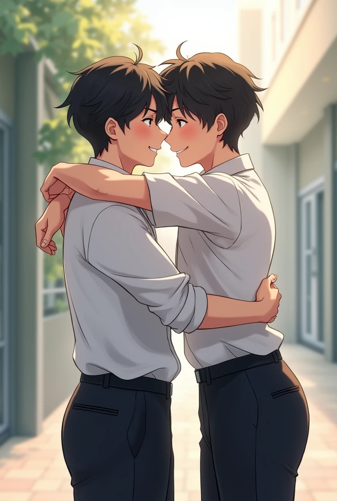 Photo of two men in school uniforms, standing and hugging each other, high school students, black pants, white school shirts, cute, 180 cm tall.